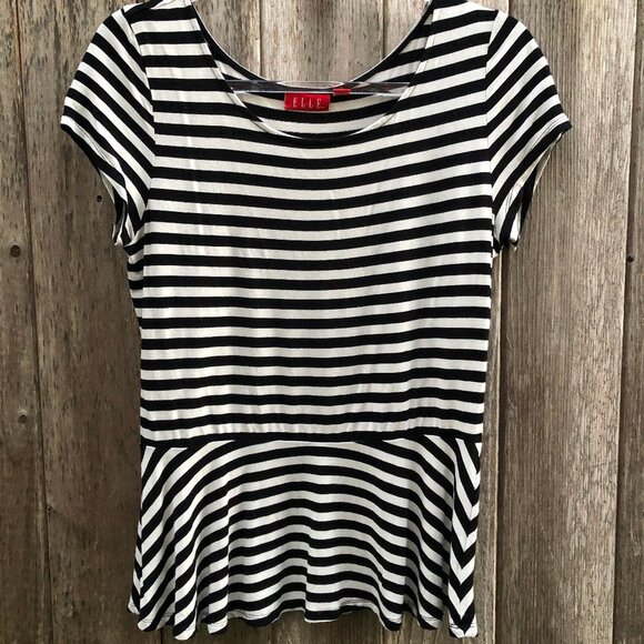 ELLE Black White Contrast Striped Peplum Short Sleeve Top Medium - Picture 1 of 5
